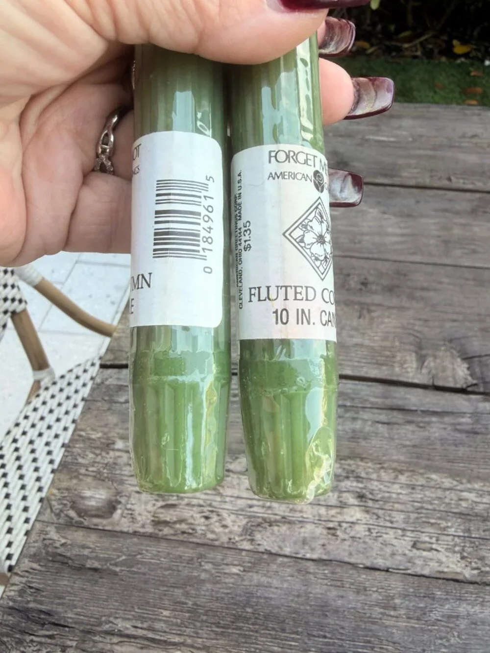 2 Vintage Green Forget Me Not American Greetings Fluted Column 10” Candlesticks
